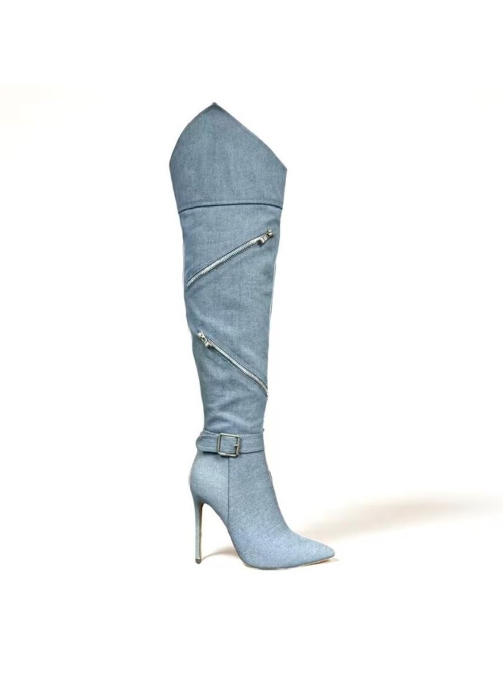 NWT Denim Thigh High Boots Side Zipper Stiletto Heel